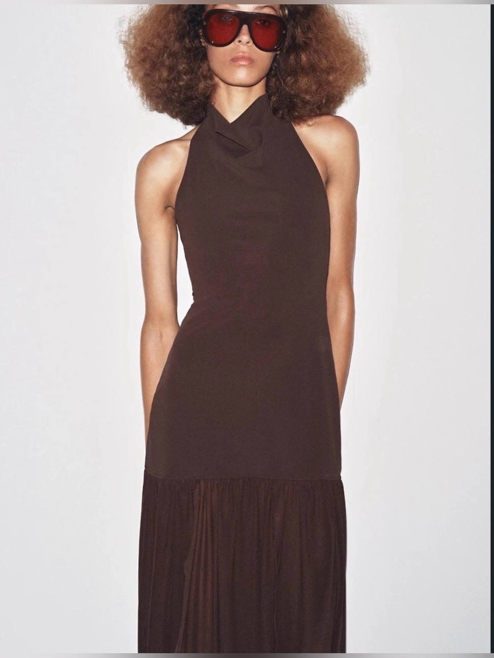 Zara Dark Brown Halter Maxi Dress with Sheer Skirt - Picture 7 of 14